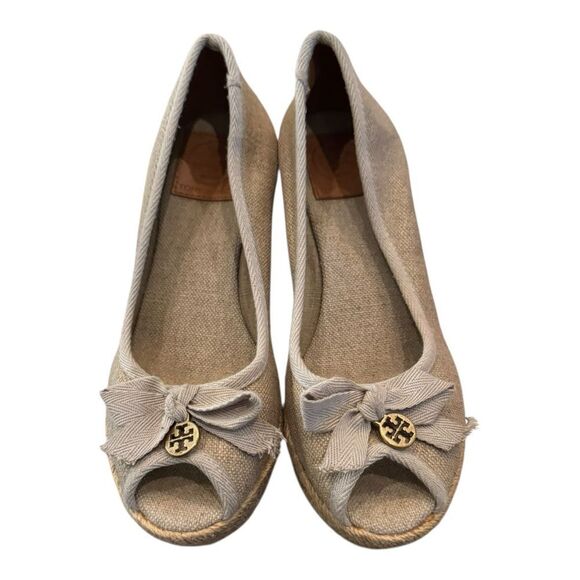 Tory Burch Jackie Canvas Natural Peep Toe Espadrille Wedges 7 - Picture 3 of 5